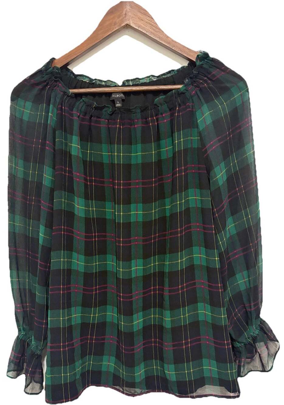 Talbots Women's Small Green Black Tartan Plaid Peasant Blouse Holiday Ruffle